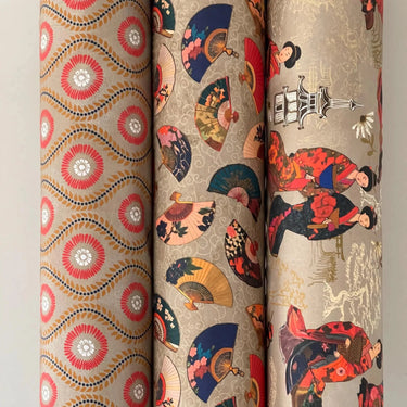 Set of three taupe cotton fabrics with red floral, fan print, and geisha designs – perfect for sewing projects, blinds, and Asian-style home décor